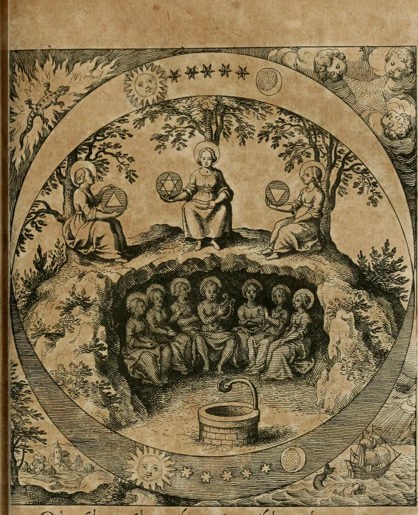 An illustration from Dyas chymica tripartita, das ist, Sechs herzliche deutsche philosophische Tractätlein : deren II. von an jtzo noch im Leben, II. von mitlern Alters, und II. von ältern Philosophis beschrieben Worden : nunmehr aber allen Filiis doctrinae zu Nutz an Tag geben, und mit schönen Figuren gezieret, 1625, leaf 6