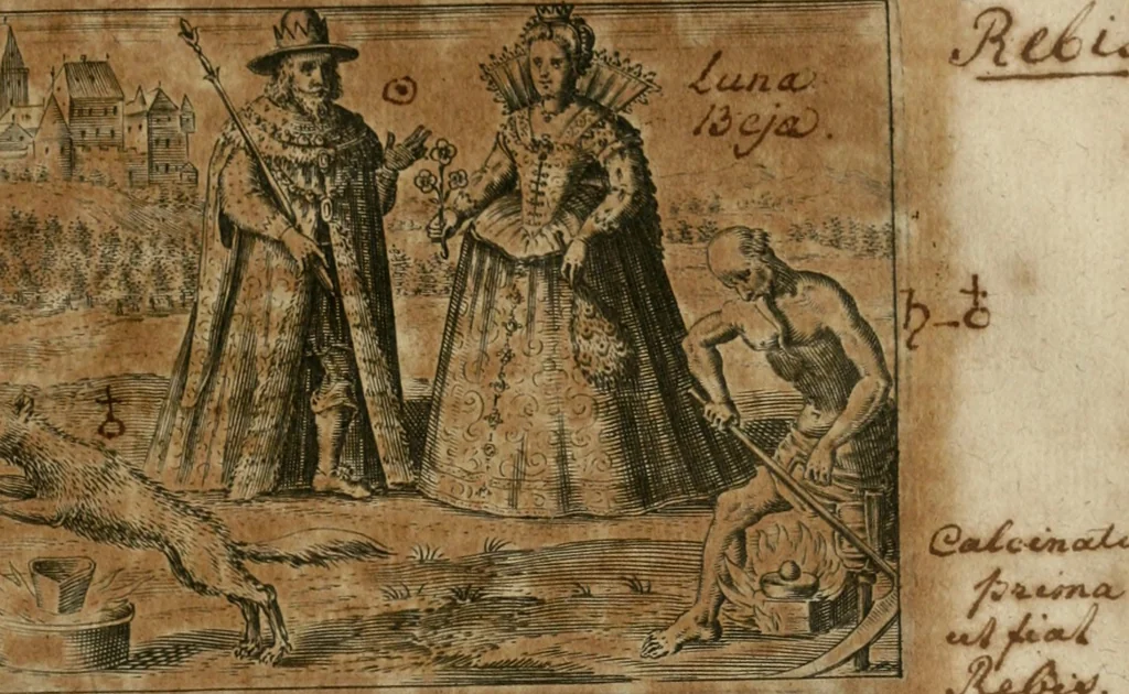 An illustration from Dyas chymica tripartita, das ist, Sechs herzliche deutsche philosophische Tractätlein : deren II. von an jtzo noch im Leben, II. von mitlern Alters, und II. von ältern Philosophis beschrieben Worden : nunmehr aber allen Filiis doctrinae zu Nutz an Tag geben, und mit schönen Figuren gezieret, 1625, leaf 96