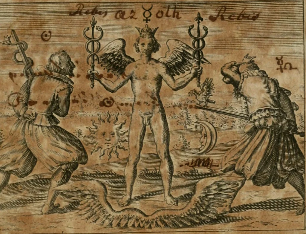An illustration from Dyas chymica tripartita, das ist, Sechs herzliche deutsche philosophische Tractätlein : deren II. von an jtzo noch im Leben, II. von mitlern Alters, und II. von ältern Philosophis beschrieben Worden : nunmehr aber allen Filiis doctrinae zu Nutz an Tag geben, und mit schönen Figuren gezieret, 1625, leaf 98