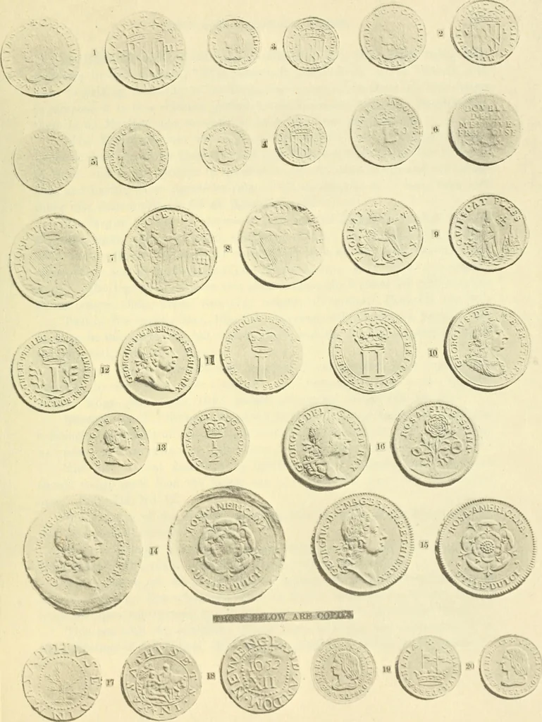 An illustration from The early coins of America and the laws governing their issue : comprising also descriptions of the Washington pieces, the Anglo-American tokens, many pieces of unknown origin, of the seventeenth and eighteenth centuries, and the first patterns of the United States Mint, 1875, leaf 157