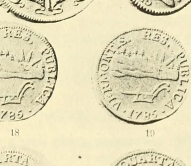 An illustration from The early coins of America and the laws governing their issue : comprising also descriptions of the Washington pieces, the Anglo-American tokens, many pieces of unknown origin, of the seventeenth and eighteenth centuries, and the first patterns of the United States Mint, 1875, leaf 175