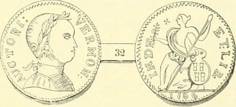 An illustration from The early coins of America and the laws governing their issue : comprising also descriptions of the Washington pieces, the Anglo-American tokens, many pieces of unknown origin, of the seventeenth and eighteenth centuries, and the first patterns of the United States Mint, 1875, leaf 195