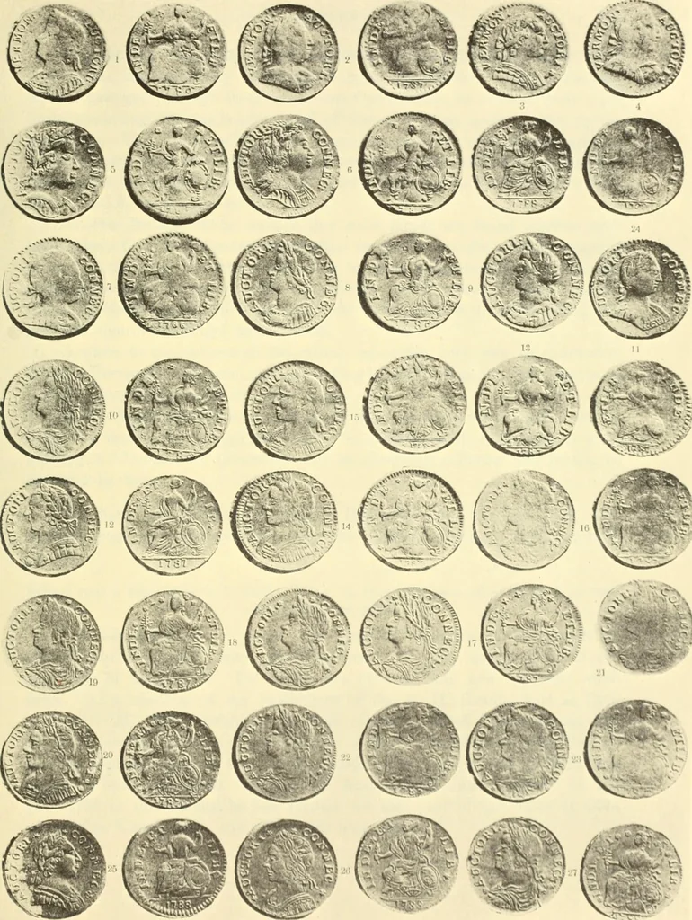 An illustration from The early coins of America and the laws governing their issue : comprising also descriptions of the Washington pieces, the Anglo-American tokens, many pieces of unknown origin, of the seventeenth and eighteenth centuries, and the first patterns of the United States Mint, 1875, leaf 201
