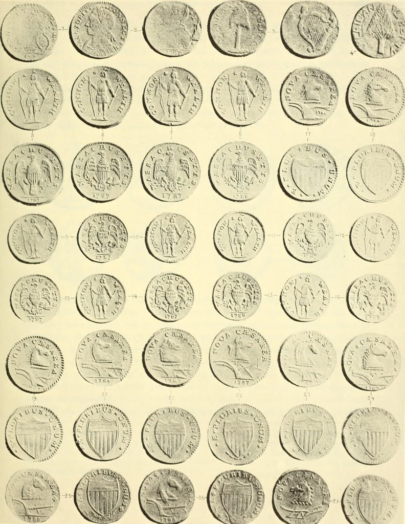 An illustration from The early coins of America and the laws governing their issue : comprising also descriptions of the Washington pieces, the Anglo-American tokens, many pieces of unknown origin, of the seventeenth and eighteenth centuries, and the first patterns of the United States Mint, 1875, leaf 267