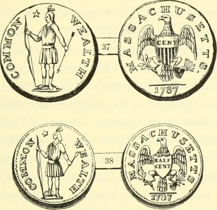 An illustration from The early coins of America and the laws governing their issue : comprising also descriptions of the Washington pieces, the Anglo-American tokens, many pieces of unknown origin, of the seventeenth and eighteenth centuries, and the first patterns of the United States Mint, 1875, leaf 269