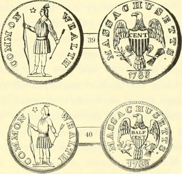 An illustration from The early coins of America and the laws governing their issue : comprising also descriptions of the Washington pieces, the Anglo-American tokens, many pieces of unknown origin, of the seventeenth and eighteenth centuries, and the first patterns of the United States Mint, 1875, leaf 269