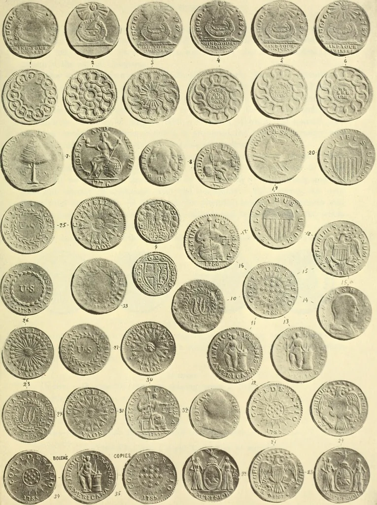 An illustration from The early coins of America and the laws governing their issue : comprising also descriptions of the Washington pieces, the Anglo-American tokens, many pieces of unknown origin, of the seventeenth and eighteenth centuries, and the first patterns of the United States Mint, 1875, leaf 317
