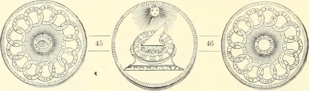 An illustration from The early coins of America and the laws governing their issue : comprising also descriptions of the Washington pieces, the Anglo-American tokens, many pieces of unknown origin, of the seventeenth and eighteenth centuries, and the first patterns of the United States Mint, 1875, leaf 320