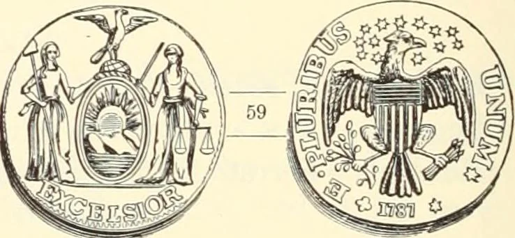 An illustration from The early coins of America and the laws governing their issue : comprising also descriptions of the Washington pieces, the Anglo-American tokens, many pieces of unknown origin, of the seventeenth and eighteenth centuries, and the first patterns of the United States Mint, 1875, leaf 338