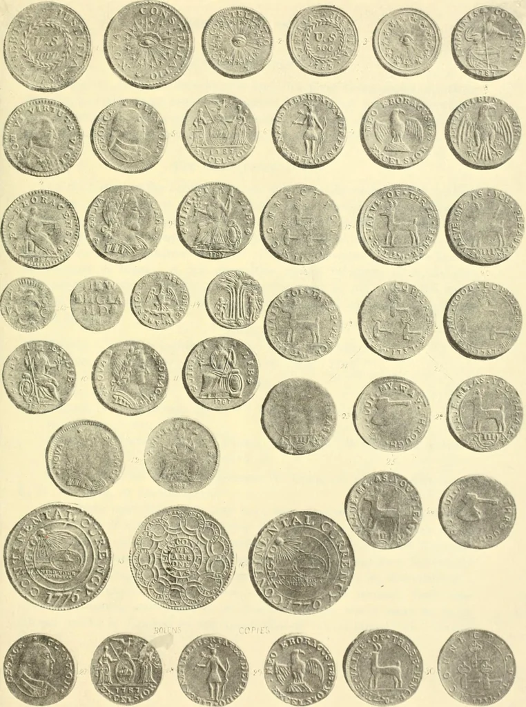 An illustration from The early coins of America and the laws governing their issue : comprising also descriptions of the Washington pieces, the Anglo-American tokens, many pieces of unknown origin, of the seventeenth and eighteenth centuries, and the first patterns of the United States Mint, 1875, leaf 343