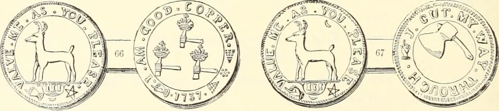An illustration from The early coins of America and the laws governing their issue : comprising also descriptions of the Washington pieces, the Anglo-American tokens, many pieces of unknown origin, of the seventeenth and eighteenth centuries, and the first patterns of the United States Mint, 1875, leaf 346