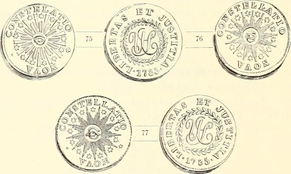 An illustration from The early coins of America and the laws governing their issue : comprising also descriptions of the Washington pieces, the Anglo-American tokens, many pieces of unknown origin, of the seventeenth and eighteenth centuries, and the first patterns of the United States Mint, 1875, leaf 354