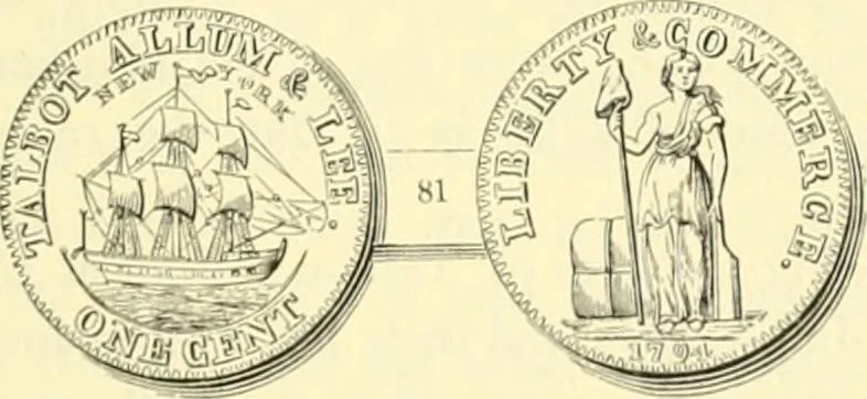 An illustration from The early coins of America and the laws governing their issue : comprising also descriptions of the Washington pieces, the Anglo-American tokens, many pieces of unknown origin, of the seventeenth and eighteenth centuries, and the first patterns of the United States Mint, 1875, leaf 357