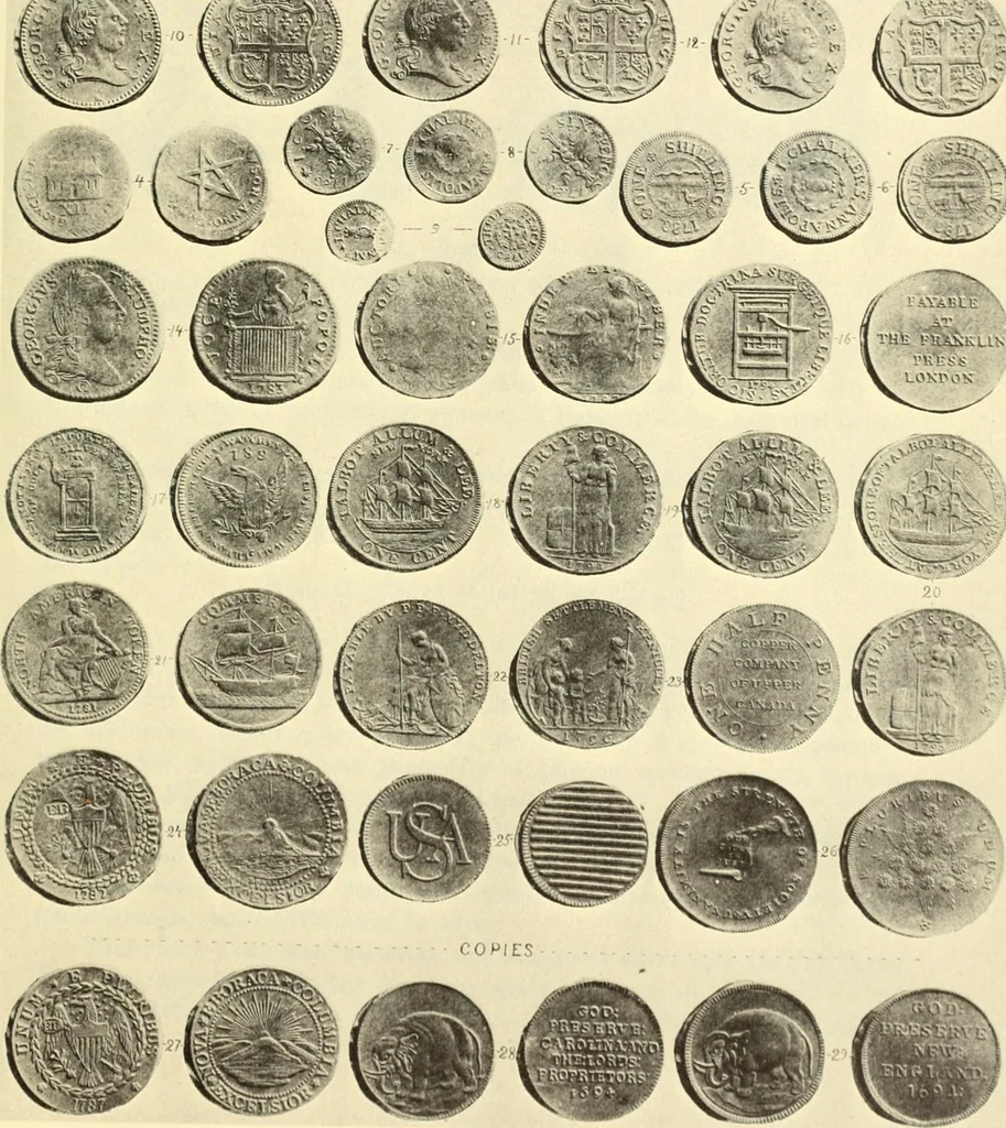 An illustration from The early coins of America and the laws governing their issue : comprising also descriptions of the Washington pieces, the Anglo-American tokens, many pieces of unknown origin, of the seventeenth and eighteenth centuries, and the first patterns of the United States Mint, 1875, leaf 361