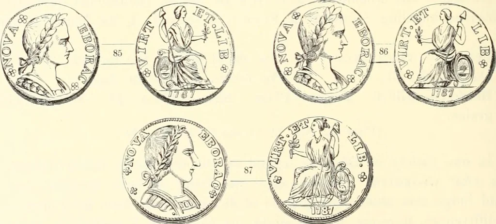 An illustration from The early coins of America and the laws governing their issue : comprising also descriptions of the Washington pieces, the Anglo-American tokens, many pieces of unknown origin, of the seventeenth and eighteenth centuries, and the first patterns of the United States Mint, 1875, leaf 364