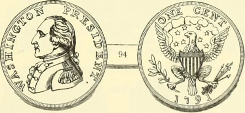 An illustration from The early coins of America and the laws governing their issue : comprising also descriptions of the Washington pieces, the Anglo-American tokens, many pieces of unknown origin, of the seventeenth and eighteenth centuries, and the first patterns of the United States Mint, 1875, leaf 377