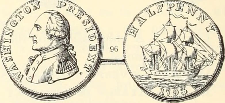 An illustration from The early coins of America and the laws governing their issue : comprising also descriptions of the Washington pieces, the Anglo-American tokens, many pieces of unknown origin, of the seventeenth and eighteenth centuries, and the first patterns of the United States Mint, 1875, leaf 378