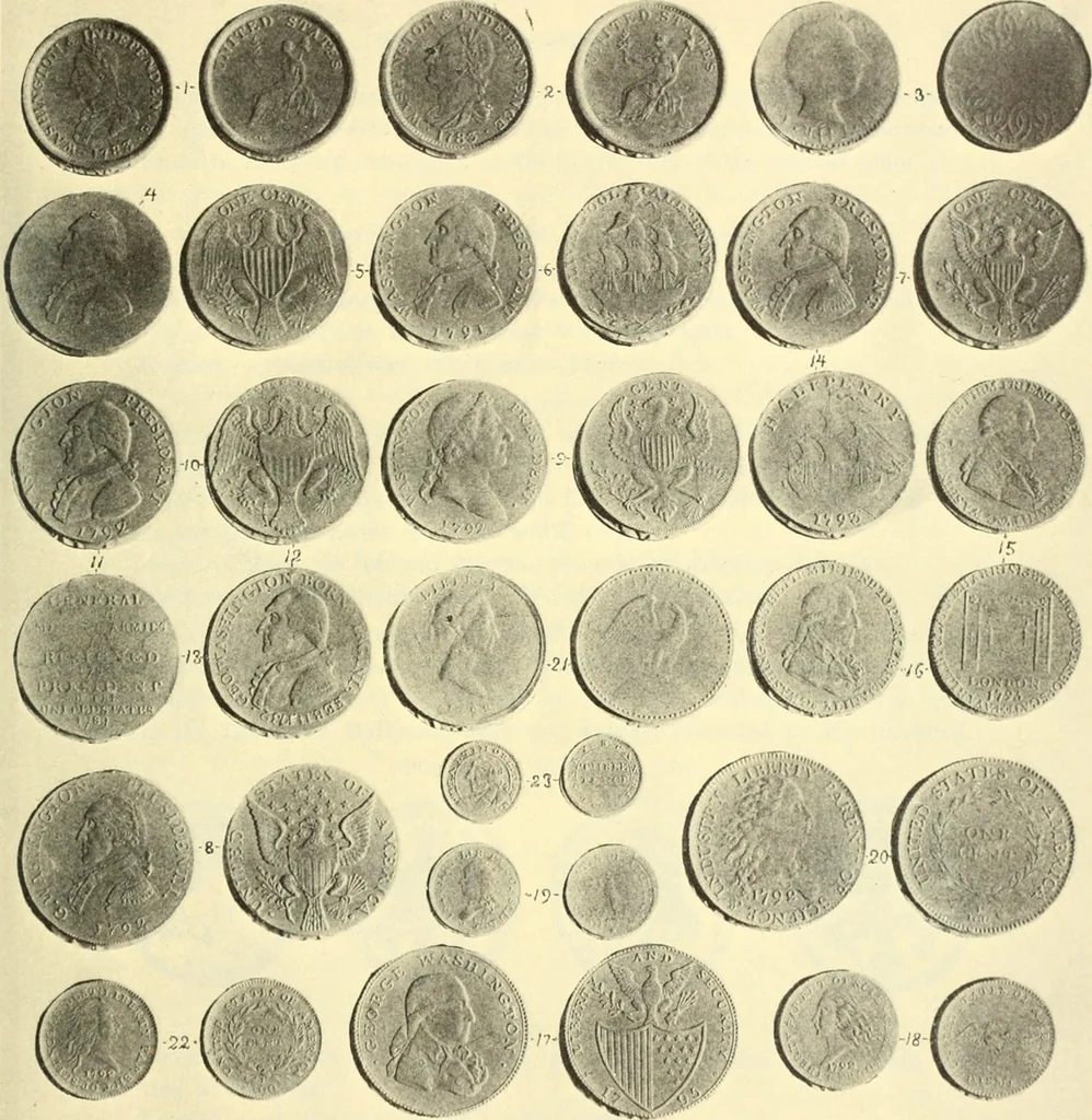 An illustration from The early coins of America and the laws governing their issue : comprising also descriptions of the Washington pieces, the Anglo-American tokens, many pieces of unknown origin, of the seventeenth and eighteenth centuries, and the first patterns of the United States Mint, 1875, leaf 379