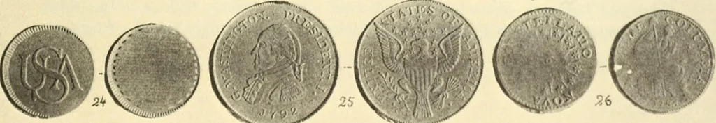 An illustration from The early coins of America and the laws governing their issue : comprising also descriptions of the Washington pieces, the Anglo-American tokens, many pieces of unknown origin, of the seventeenth and eighteenth centuries, and the first patterns of the United States Mint, 1875, leaf 379