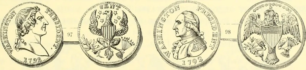 An illustration from The early coins of America and the laws governing their issue : comprising also descriptions of the Washington pieces, the Anglo-American tokens, many pieces of unknown origin, of the seventeenth and eighteenth centuries, and the first patterns of the United States Mint, 1875, leaf 381