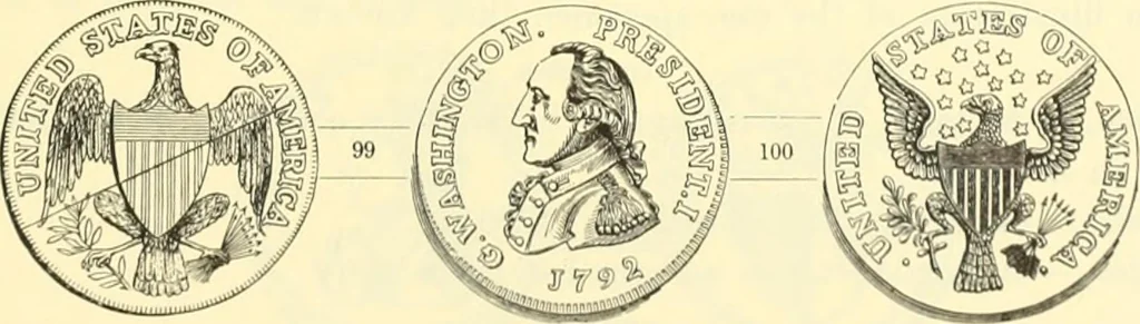 An illustration from The early coins of America and the laws governing their issue : comprising also descriptions of the Washington pieces, the Anglo-American tokens, many pieces of unknown origin, of the seventeenth and eighteenth centuries, and the first patterns of the United States Mint, 1875, leaf 383