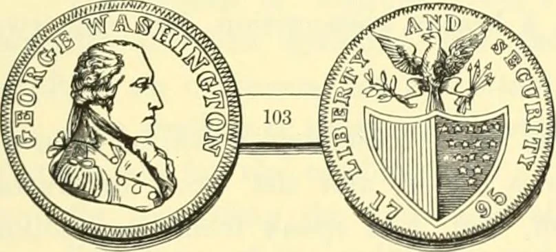 An illustration from The early coins of America and the laws governing their issue : comprising also descriptions of the Washington pieces, the Anglo-American tokens, many pieces of unknown origin, of the seventeenth and eighteenth centuries, and the first patterns of the United States Mint, 1875, leaf 387