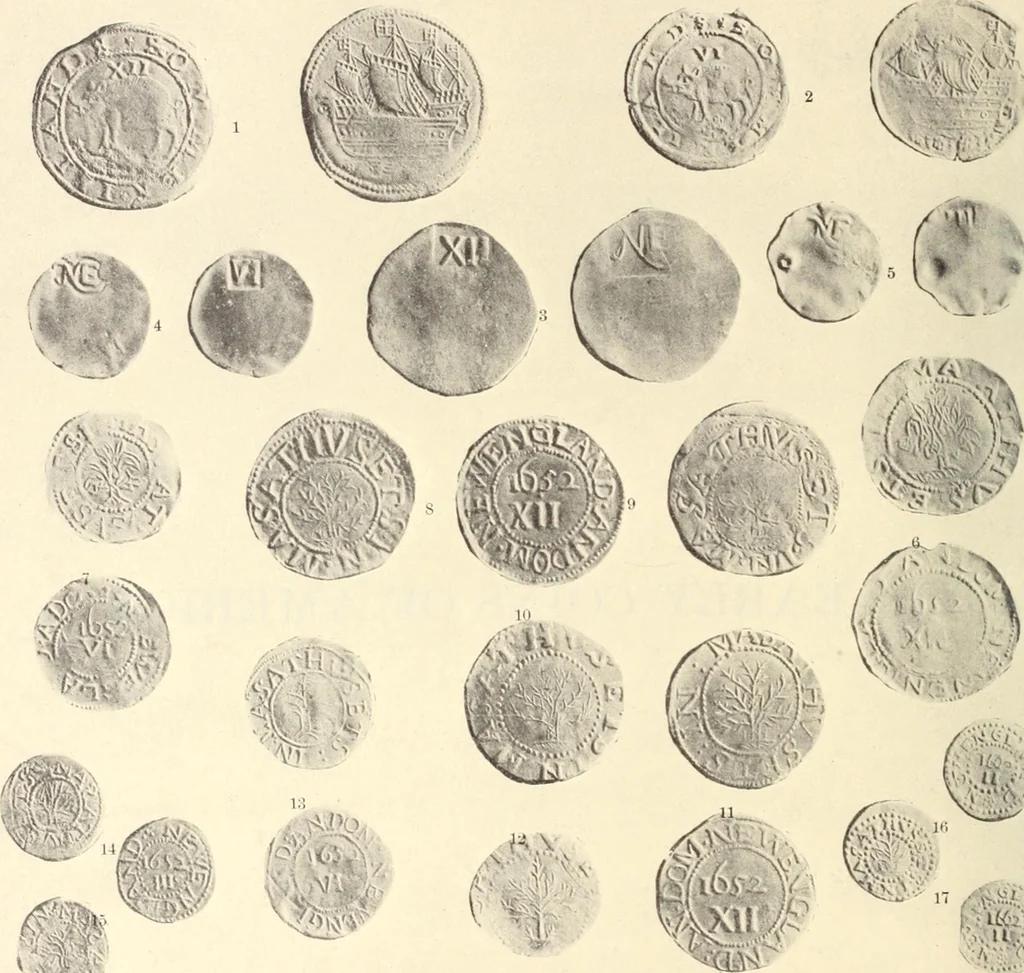 An illustration from The early coins of America and the laws governing their issue : comprising also descriptions of the Washington pieces, the Anglo-American tokens, many pieces of unknown origin, of the seventeenth and eighteenth centuries, and the first patterns of the United States Mint, 1875, leaf 4