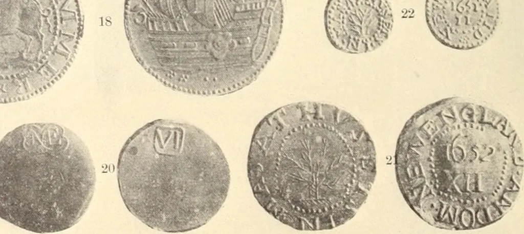 An illustration from The early coins of America and the laws governing their issue : comprising also descriptions of the Washington pieces, the Anglo-American tokens, many pieces of unknown origin, of the seventeenth and eighteenth centuries, and the first patterns of the United States Mint, 1875, leaf 4