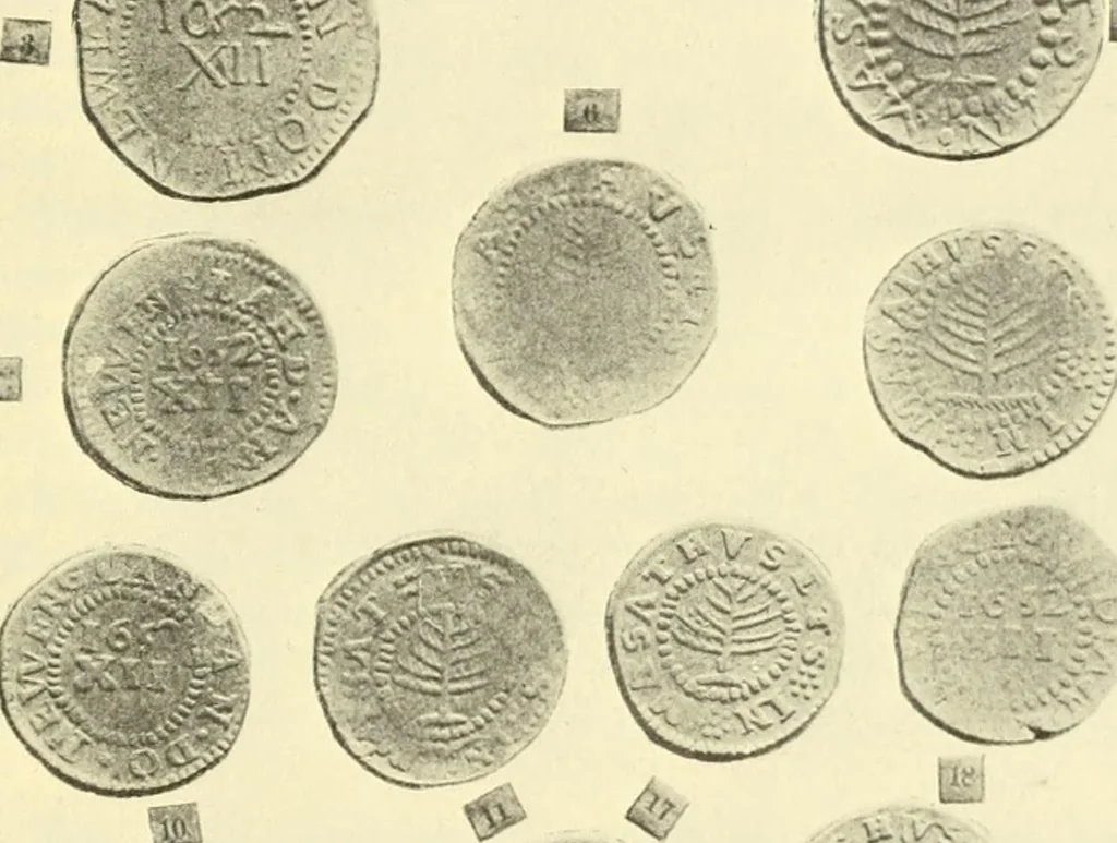An illustration from The early coins of America and the laws governing their issue : comprising also descriptions of the Washington pieces, the Anglo-American tokens, many pieces of unknown origin, of the seventeenth and eighteenth centuries, and the first patterns of the United States Mint, 1875, leaf 67