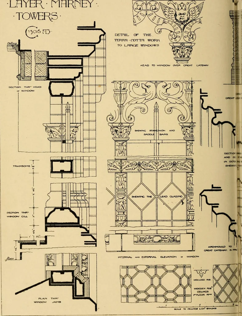 An illustration from Early renaissance architecture in England; a historical & descriptive account of the Tudor, Elizabethan & Jacobean periods, 1500-1625, for the use of students and others, 1901, leaf 102