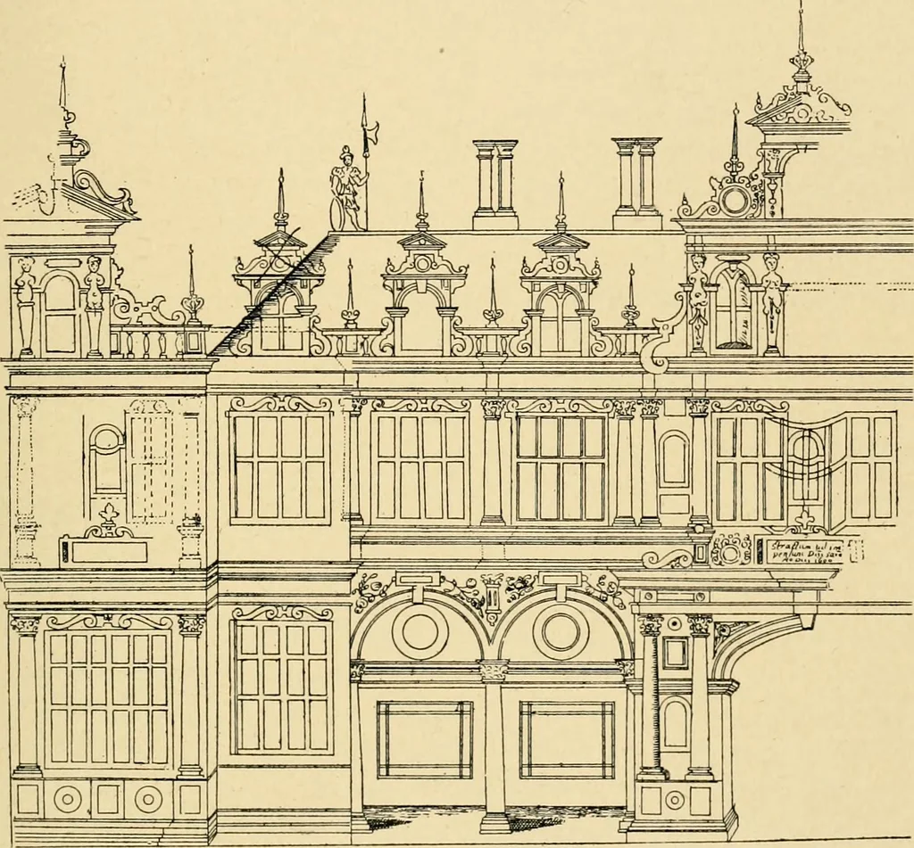 An illustration from Early renaissance architecture in England; a historical & descriptive account of the Tudor, Elizabethan & Jacobean periods, 1500-1625, for the use of students and others, 1901, leaf 421