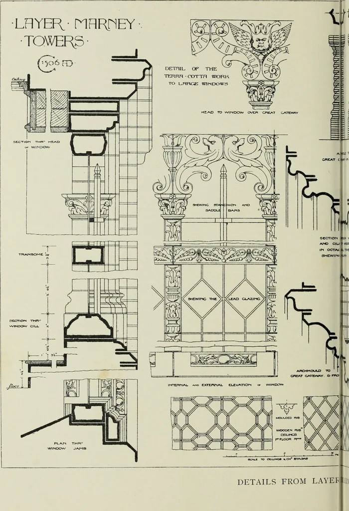 An illustration from Early renaissance architecture in England; a historical & descriptive account of the Tudor, Elizabethan & Jacobean periods, 1500-1625, for the use of students and others, 1901, leaf 104