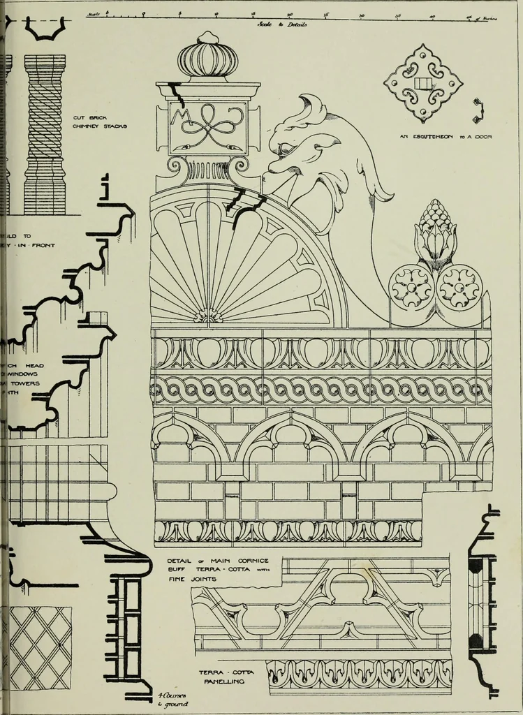 An illustration from Early renaissance architecture in England; a historical & descriptive account of the Tudor, Elizabethan & Jacobean periods, 1500-1625, for the use of students and others, 1901, leaf 105