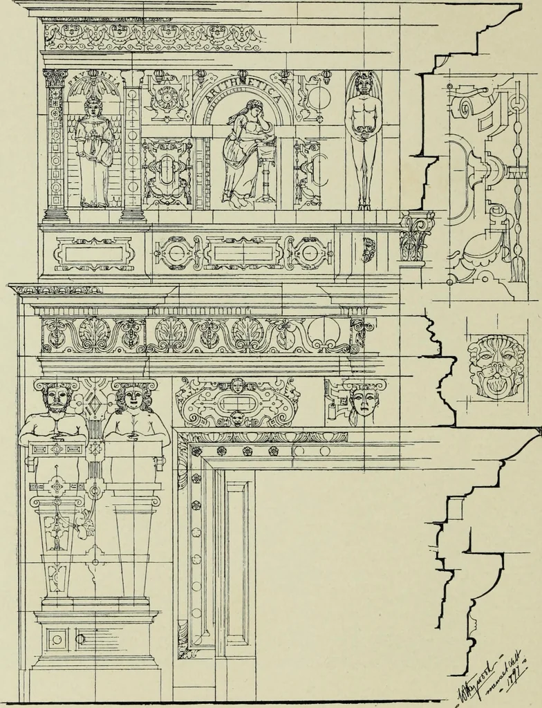 An illustration from Early renaissance architecture in England; a historical & descriptive account of the Tudor, Elizabethan & Jacobean periods, 1500-1625, for the use of students and others, 1901, leaf 318