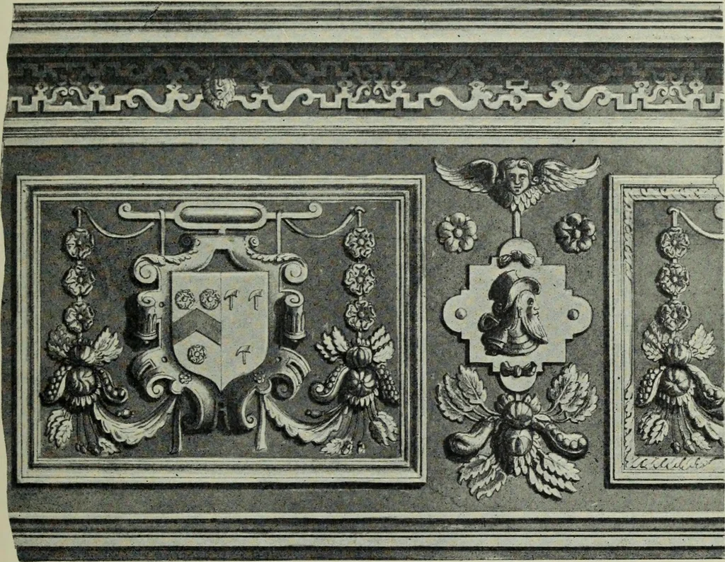 An illustration from Early renaissance architecture in England; a historical & descriptive account of the Tudor, Elizabethan & Jacobean periods, 1500-1625, for the use of students and others, 1901, leaf 355