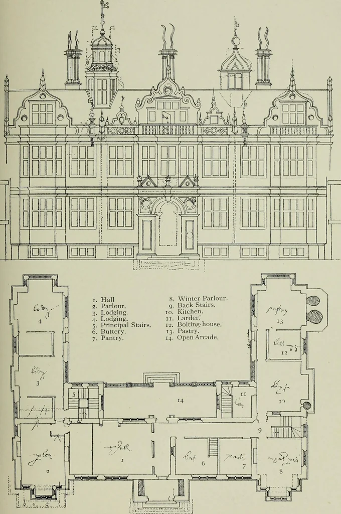 An illustration from Early renaissance architecture in England; a historical & descriptive account of the Tudor, Elizabethan & Jacobean periods, 1500-1625, for the use of students and others, 1901, leaf 433