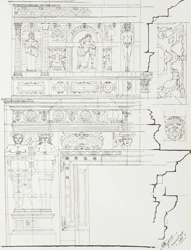 An illustration from Early renaissance architecture in England : a historical and descriptive account of the Tudor, Elizabethan, and Jacobean periods, 1500-1625 : for the use of students and others, 1914, leaf 235