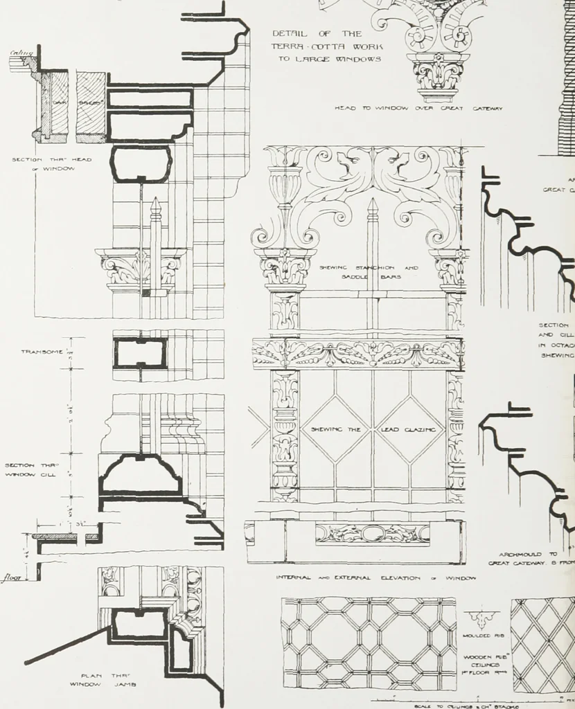 An illustration from Early renaissance architecture in England : a historical and descriptive account of the Tudor, Elizabethan, and Jacobean periods, 1500-1625 : for the use of students and others, 1914, leaf 87