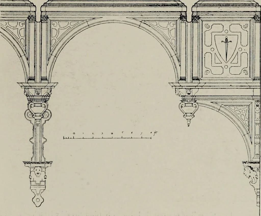 An illustration from Early renaissance architecture in England; a historical and descriptive account of the Tudor, Elizabethan, and Jacobean periods, 1500-1625, for the use of students and others, 1914, leaf 225