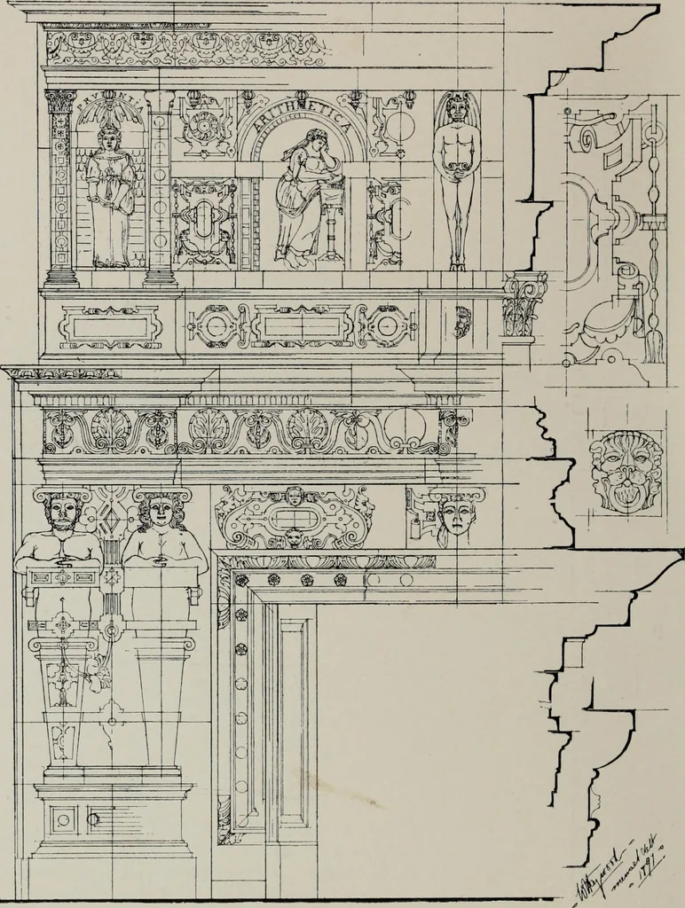 An illustration from Early renaissance architecture in England; a historical and descriptive account of the Tudor, Elizabethan, and Jacobean periods, 1500-1625, for the use of students and others, 1914, leaf 242