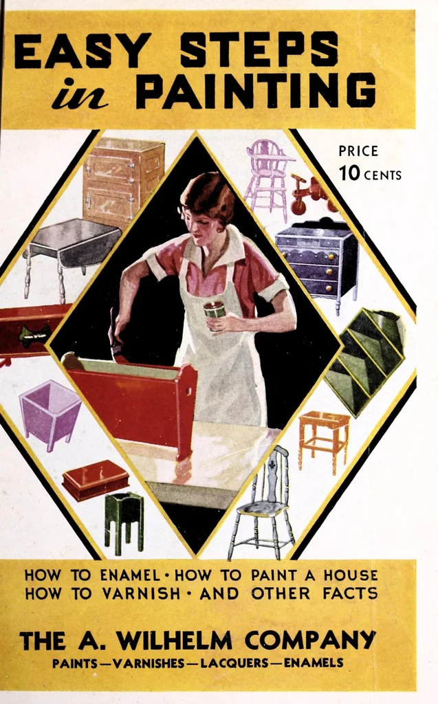 An illustration from Easy steps in painting : how to enamel, how to paint a house, how to varnish and other facts : the A. Wilhelm Company, paints, varnishes, lacquers, enamels., 1930, leaf 1