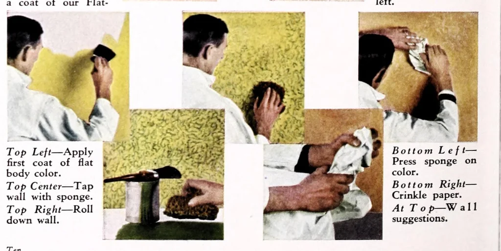 An illustration from Easy steps in painting : how to enamel, how to paint a house, how to varnish and other facts : the A. Wilhelm Company, paints, varnishes, lacquers, enamels., 1930, leaf 10