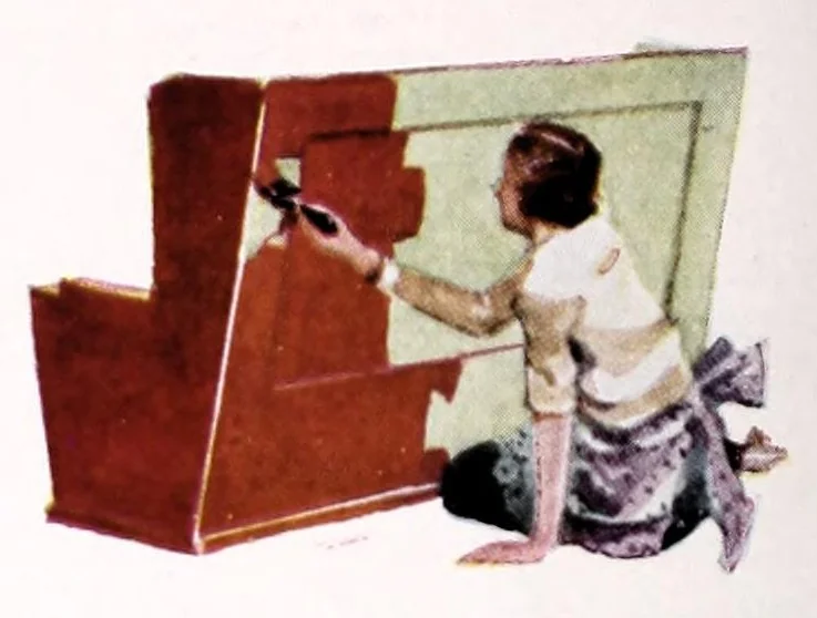 An illustration from Easy steps in painting : how to enamel, how to paint a house, how to varnish and other facts : the A. Wilhelm Company, paints, varnishes, lacquers, enamels., 1930, leaf 4
