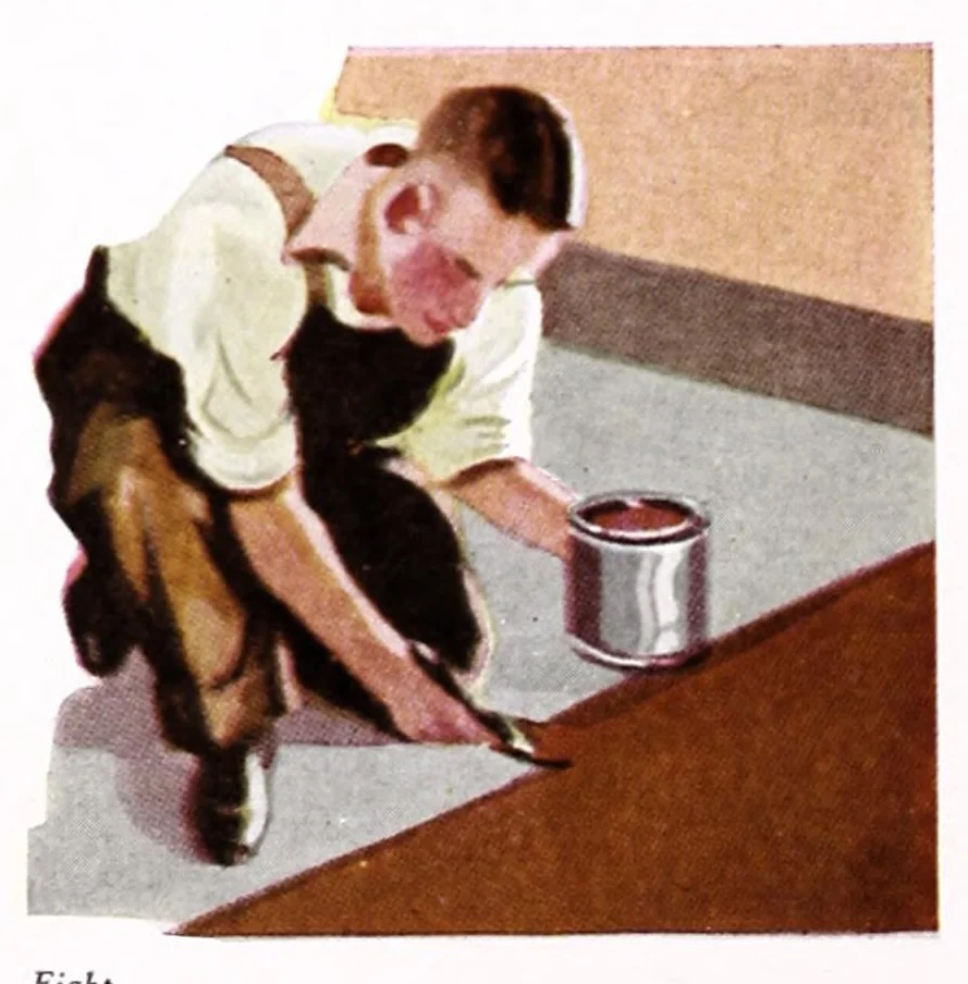 An illustration from Easy steps in painting : how to enamel, how to paint a house, how to varnish and other facts : the A. Wilhelm Company, paints, varnishes, lacquers, enamels., 1930, leaf 8