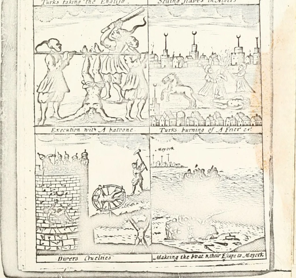 An illustration from Eben-ezer, or, A small monument of great mercy [electronic resource] : appearing in miraculous deliverance of William Okeley, William Adams, John Anthony, John Jephs, John ---, carpenter, from the miserable slavery of Algiers, with the wonderful means of their escape in a boat of canvas ..., 1675, leaf 6