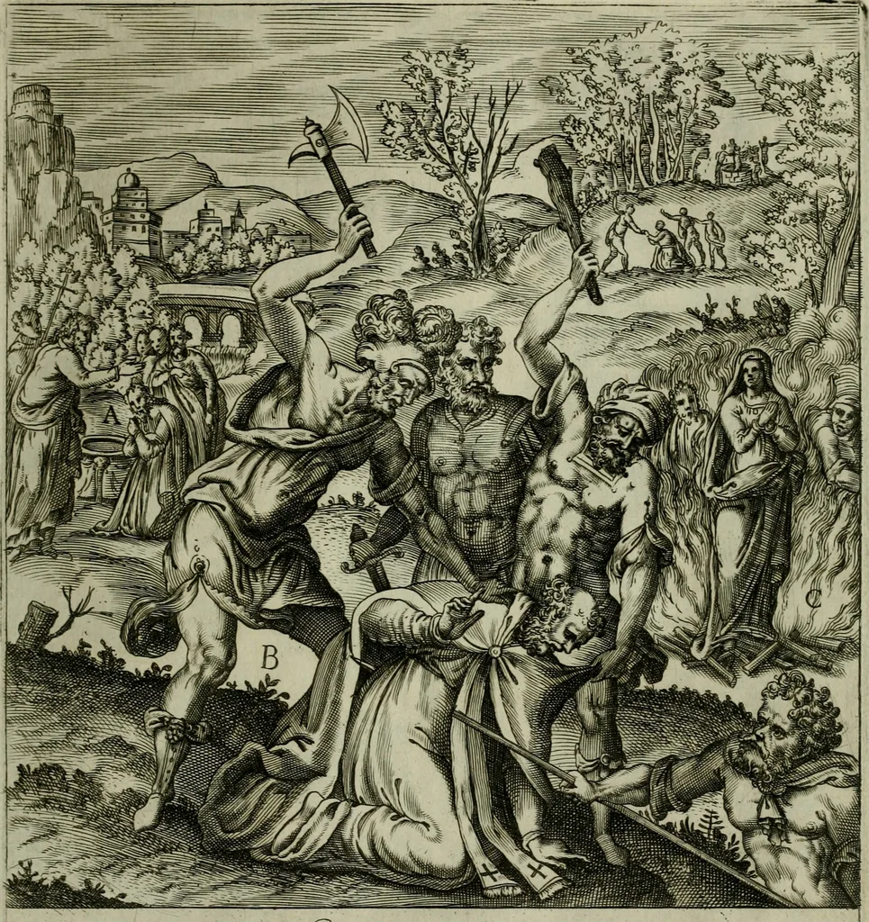An illustration from Ecclesiae anglicanae trophæa, siue, Sanctor martyrum, qui pro Christo catholicæq fidei veritate asserenda : antiquo recentioriq persecutionum tempore, mortem in Anglia subierunt, passiones, Romæ in Collegio Anglico, 1584, leaf 10