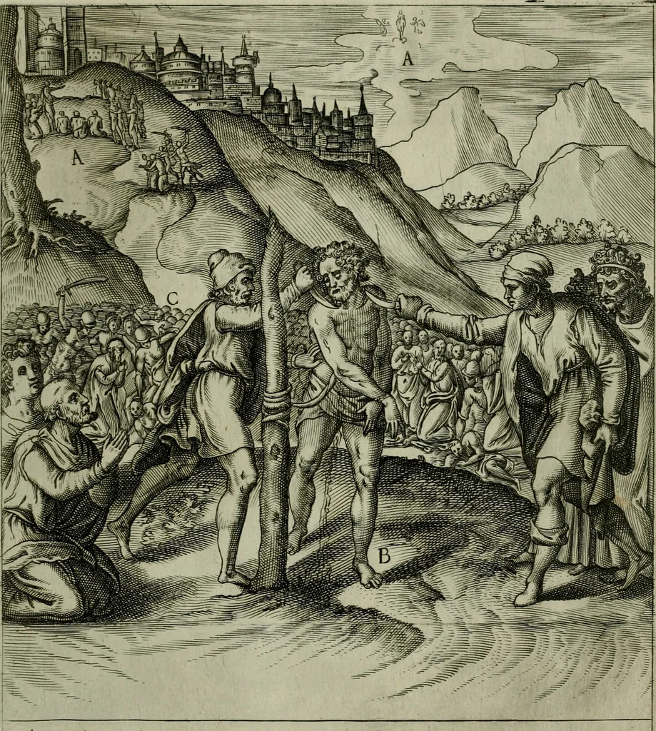 An illustration from Ecclesiae anglicanae trophæa, siue, Sanctor martyrum, qui pro Christo catholicæq fidei veritate asserenda : antiquo recentioriq persecutionum tempore, mortem in Anglia subierunt, passiones, Romæ in Collegio Anglico, 1584, leaf 14