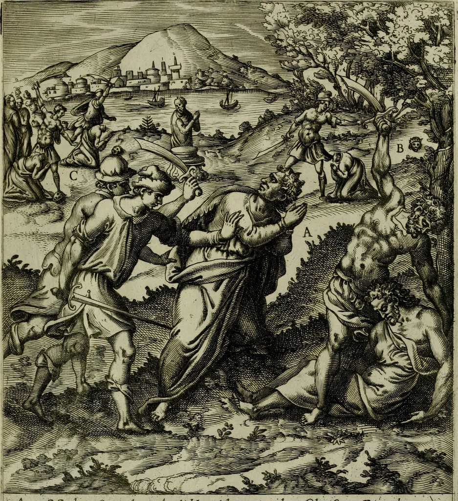 An illustration from Ecclesiae anglicanae trophæa, siue, Sanctor martyrum, qui pro Christo catholicæq fidei veritate asserenda : antiquo recentioriq persecutionum tempore, mortem in Anglia subierunt, passiones, Romæ in Collegio Anglico, 1584, leaf 26