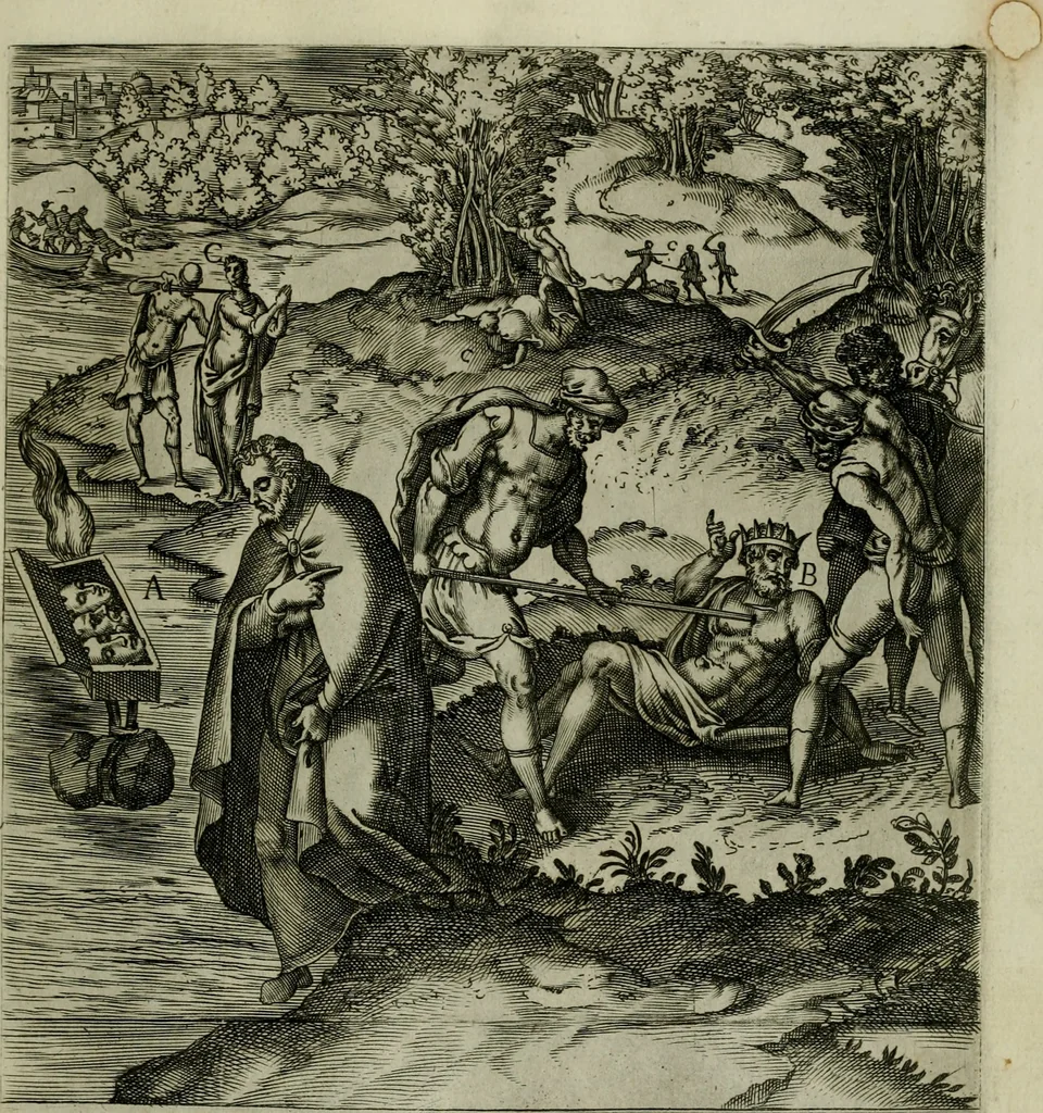An illustration from Ecclesiae anglicanae trophæa, siue, Sanctor martyrum, qui pro Christo catholicæq fidei veritate asserenda : antiquo recentioriq persecutionum tempore, mortem in Anglia subierunt, passiones, Romæ in Collegio Anglico, 1584, leaf 28