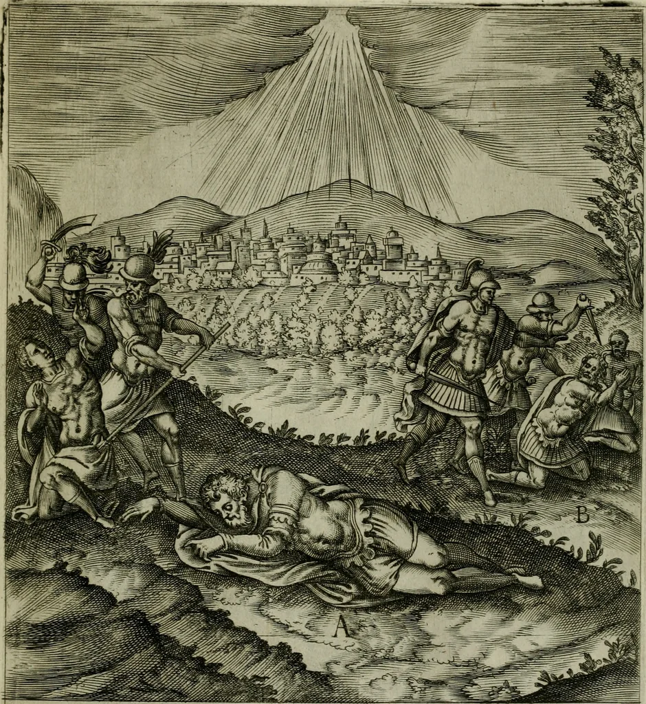 An illustration from Ecclesiae anglicanae trophæa, siue, Sanctor martyrum, qui pro Christo catholicæq fidei veritate asserenda : antiquo recentioriq persecutionum tempore, mortem in Anglia subierunt, passiones, Romæ in Collegio Anglico, 1584, leaf 32
